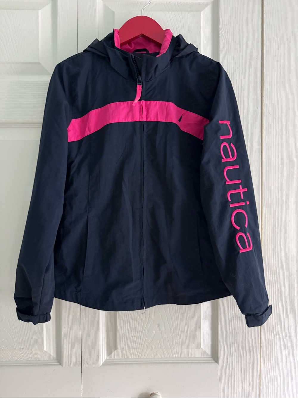 Nautica Rain Windbreaker Hooded Jacket Navy Pink, Girls Size 16